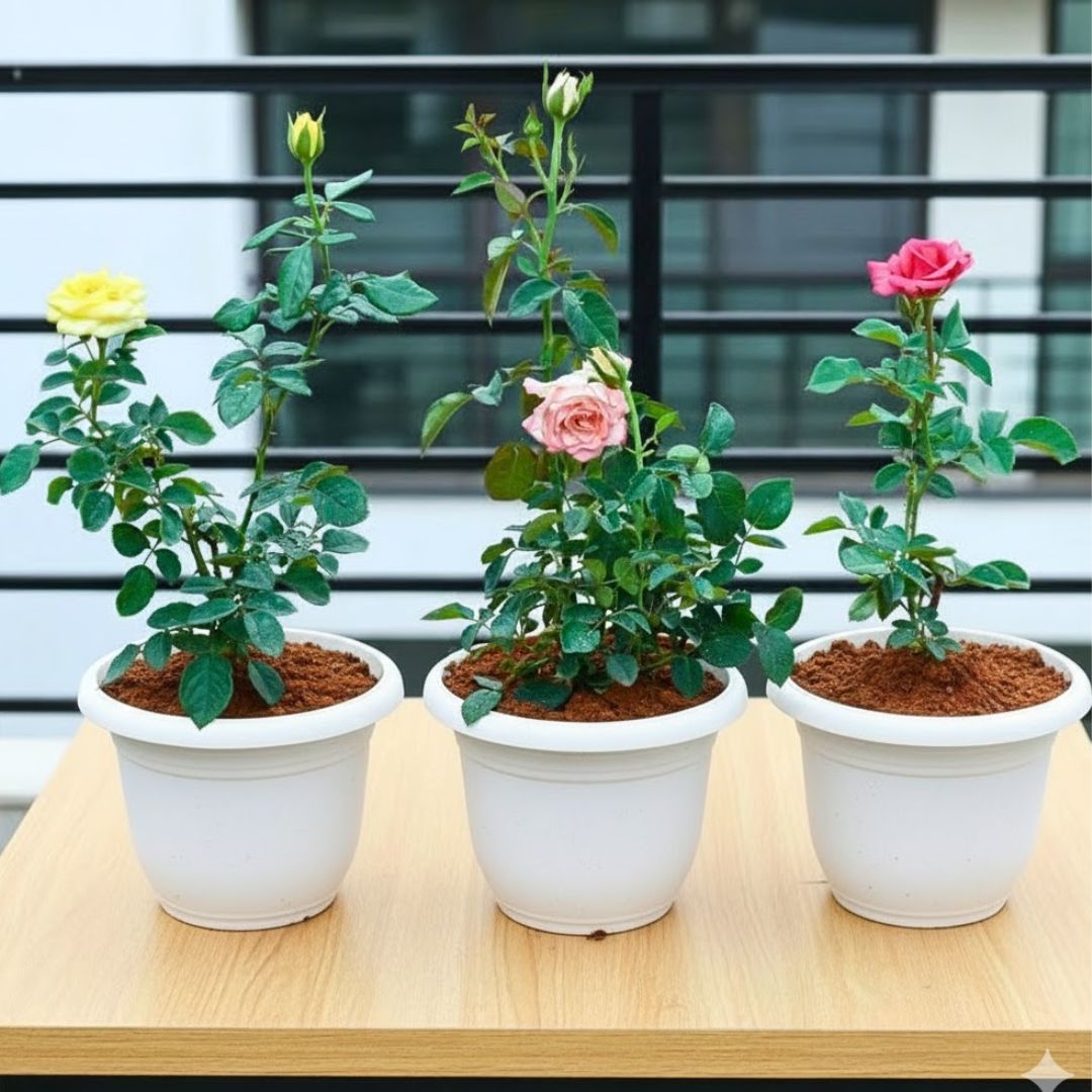 Set Of 3 - Rose (Red, Yellow & Light Pink) in 8 Inch White Classy Plastic Pot