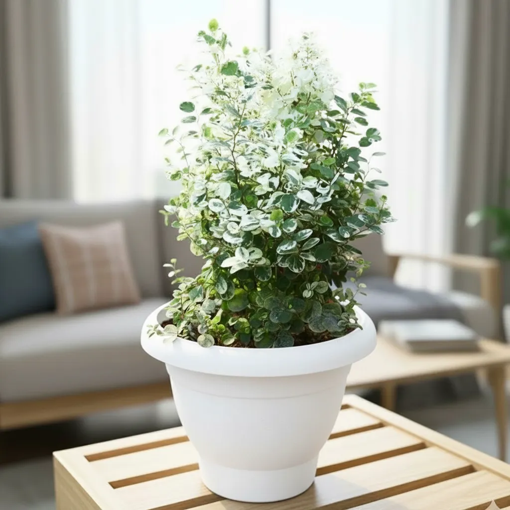 Snow Bush in 8 Inch White Classy Plastic Pot with tray