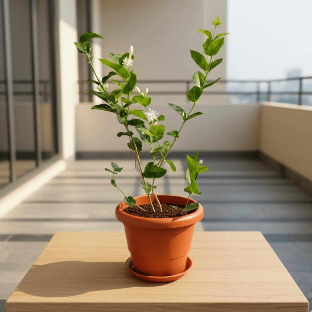 Mogra / Malga in 7 Inch Classy Red Plastic Pot with Tray