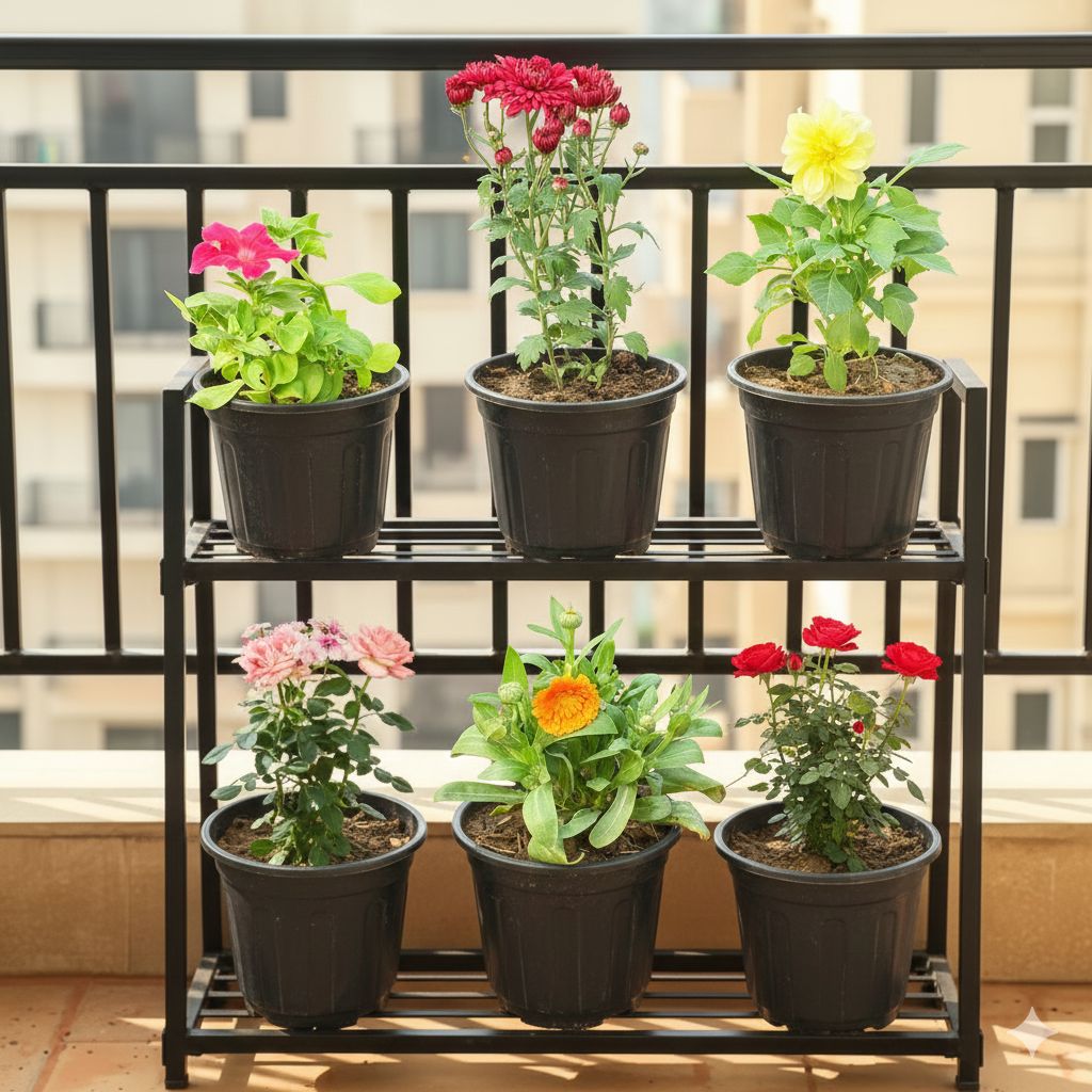 Flowers on Display - Set of 6 - Petunia, Chrysanthemum, Dahlia, Rose, Calendula & Dianthus in 6 Inch Black Super Nursery Pot