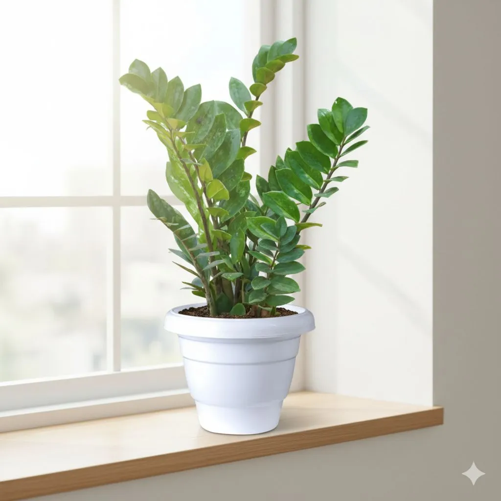 Zz Green Bushy in 8 inch Classy White Plastic Pot