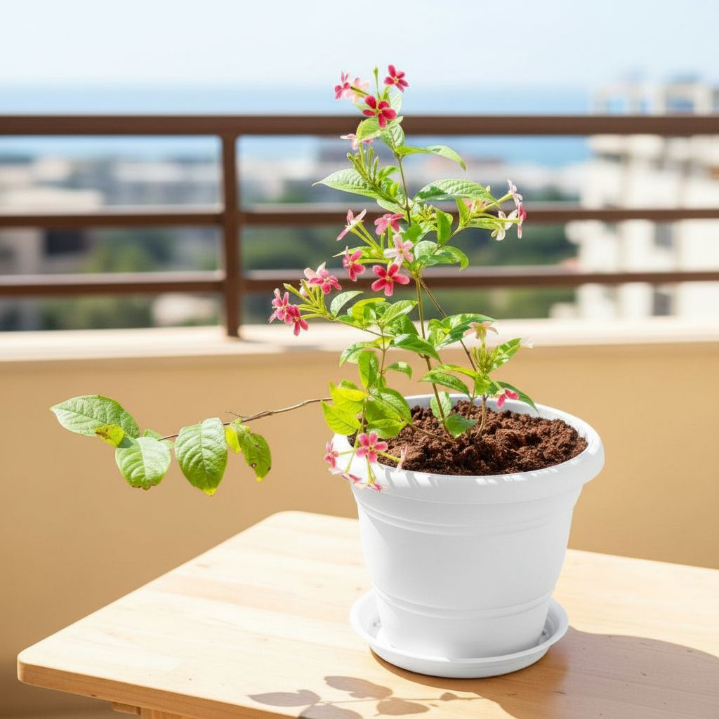 Madhu Malti / Rangoon Creeper Pink & White in 7 Inch Classy White Plastic Pot with Tray