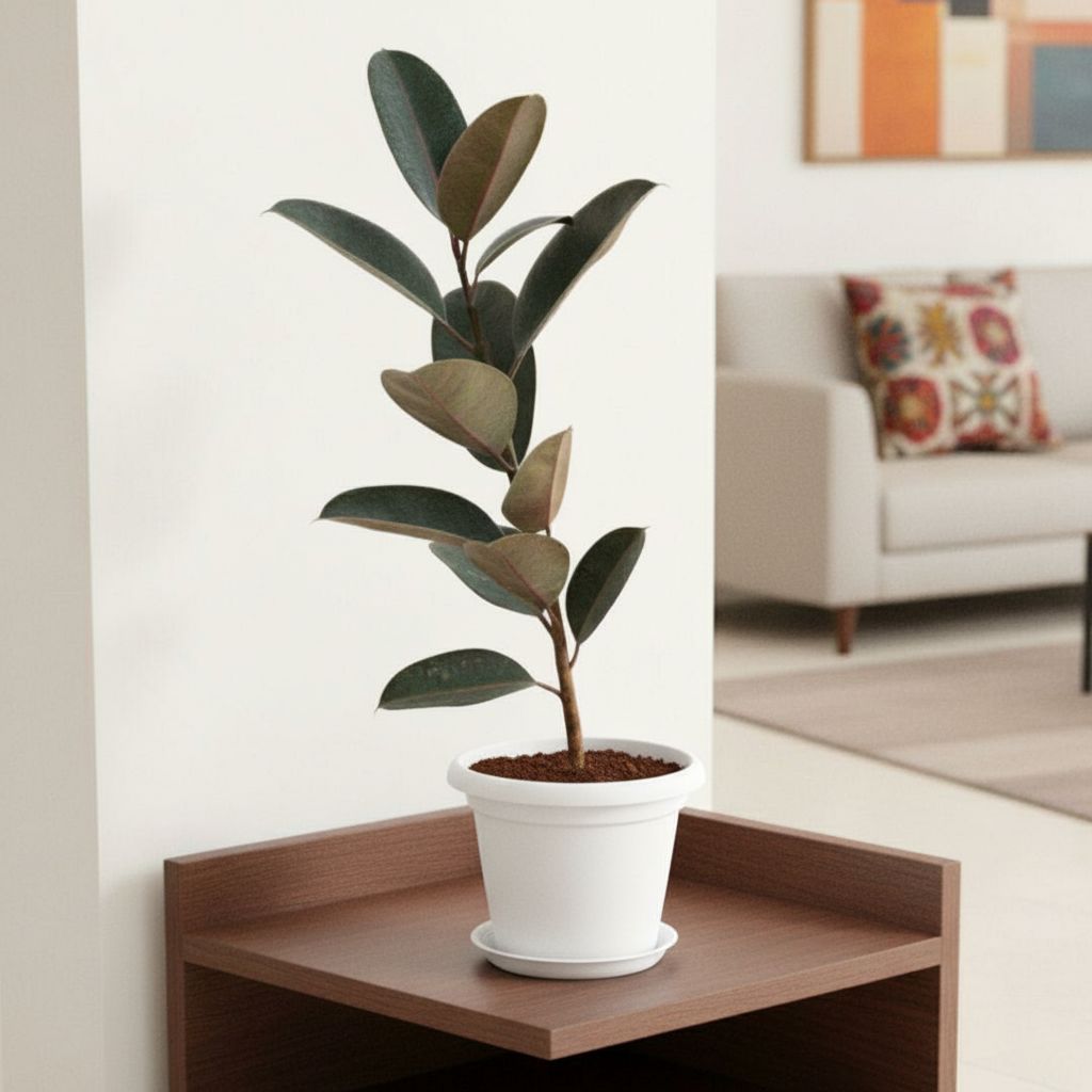 Rubber Black in 7 Inch Classy White Plastic Pot with Tray