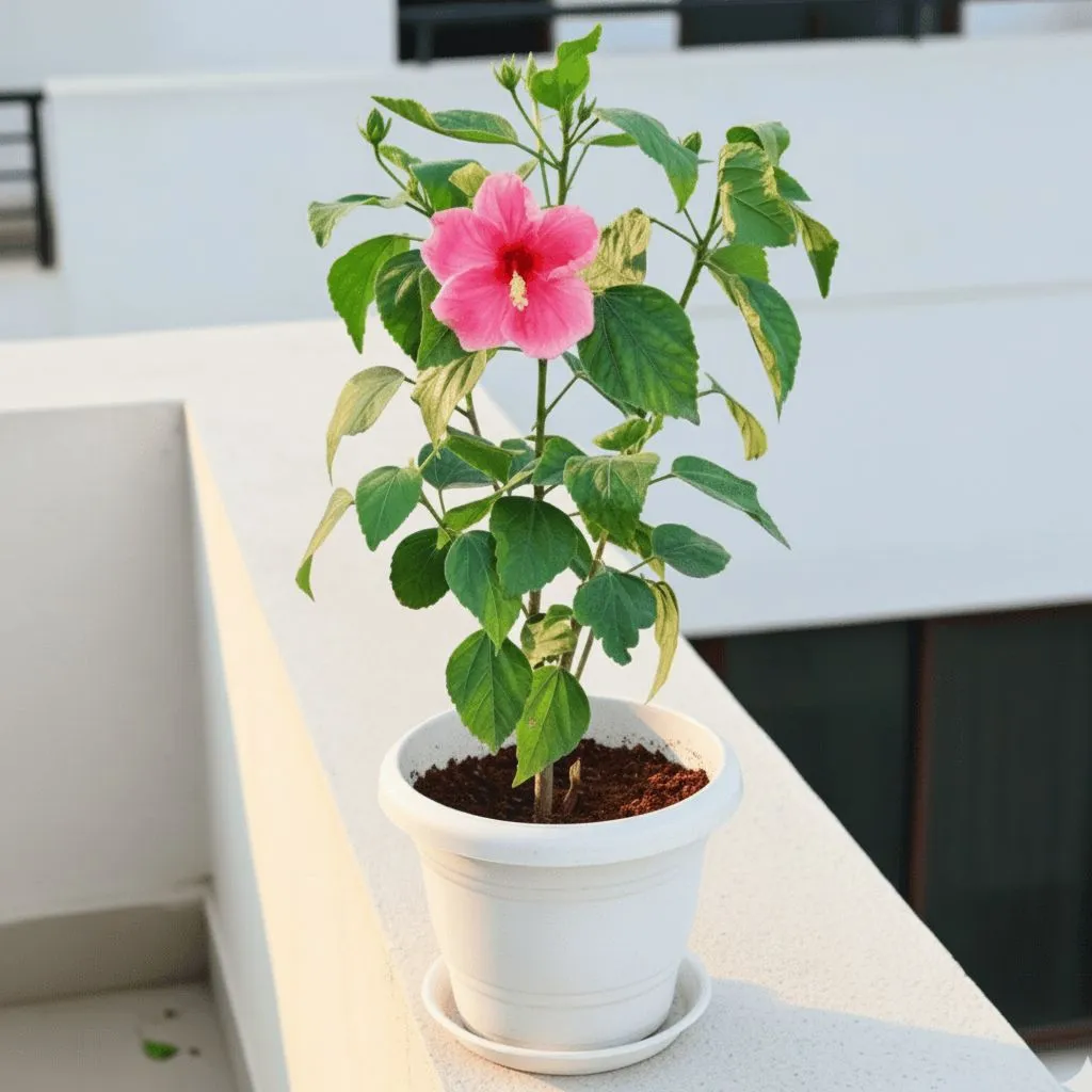 Hibiscus / Gudhal (any colour) in 7 Inch Classy White Plastic Pot with Tray