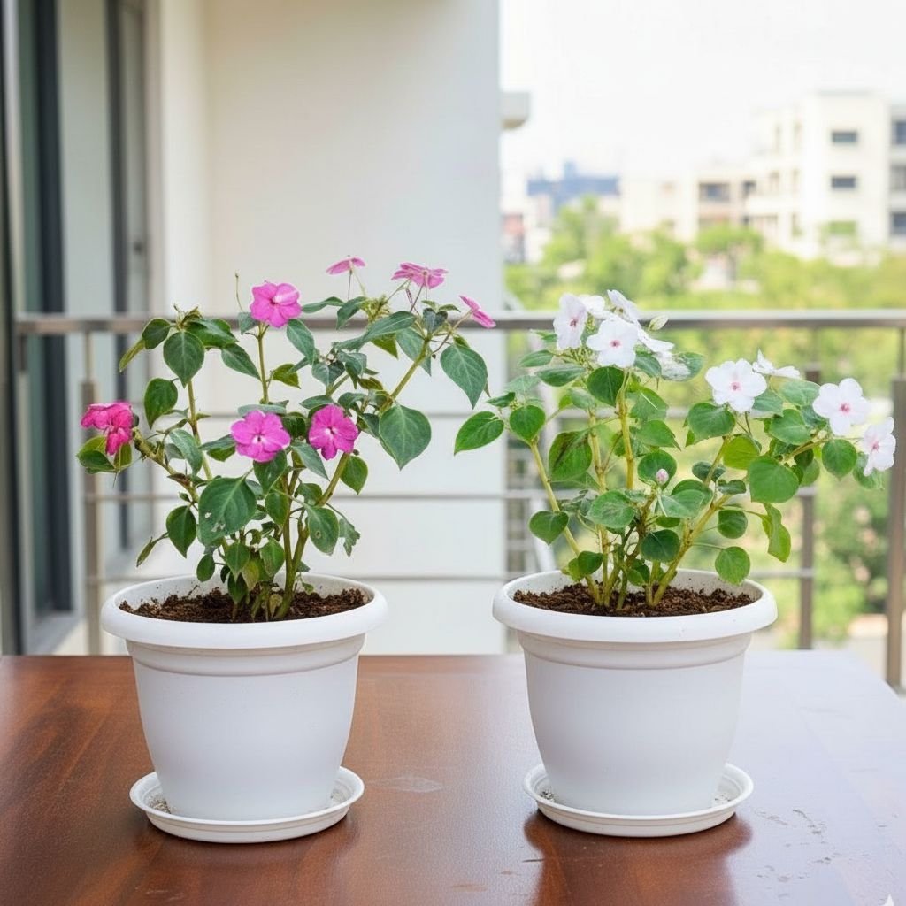 Set of 2 - Balsam (White & Pink) in 7 Inch Classy White Plastic Pot with Tray