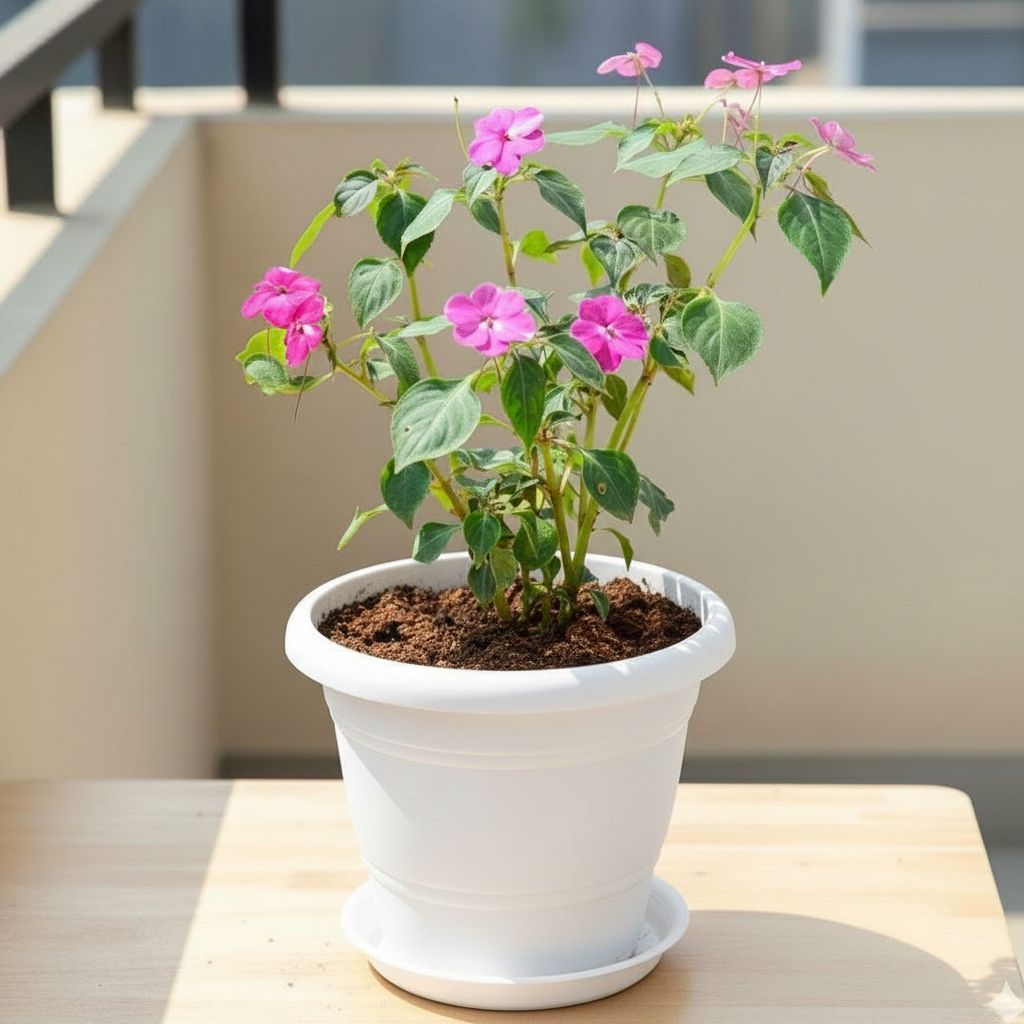 Balsam Pink in 7 Inch Classy White Plastic Pot with Tray