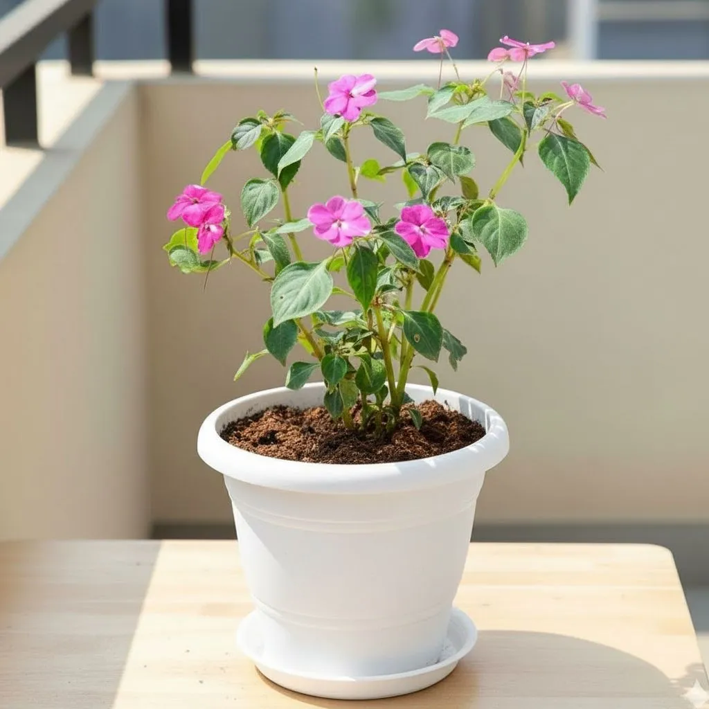 Balsam Pink in 7 Inch Classy White Plastic Pot with Tray