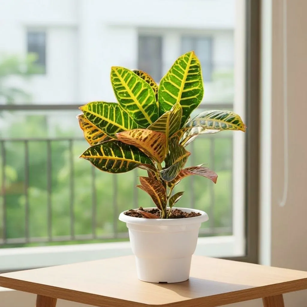 Croton Patra Yellow in 7 Inch Classy White Plastic Pot