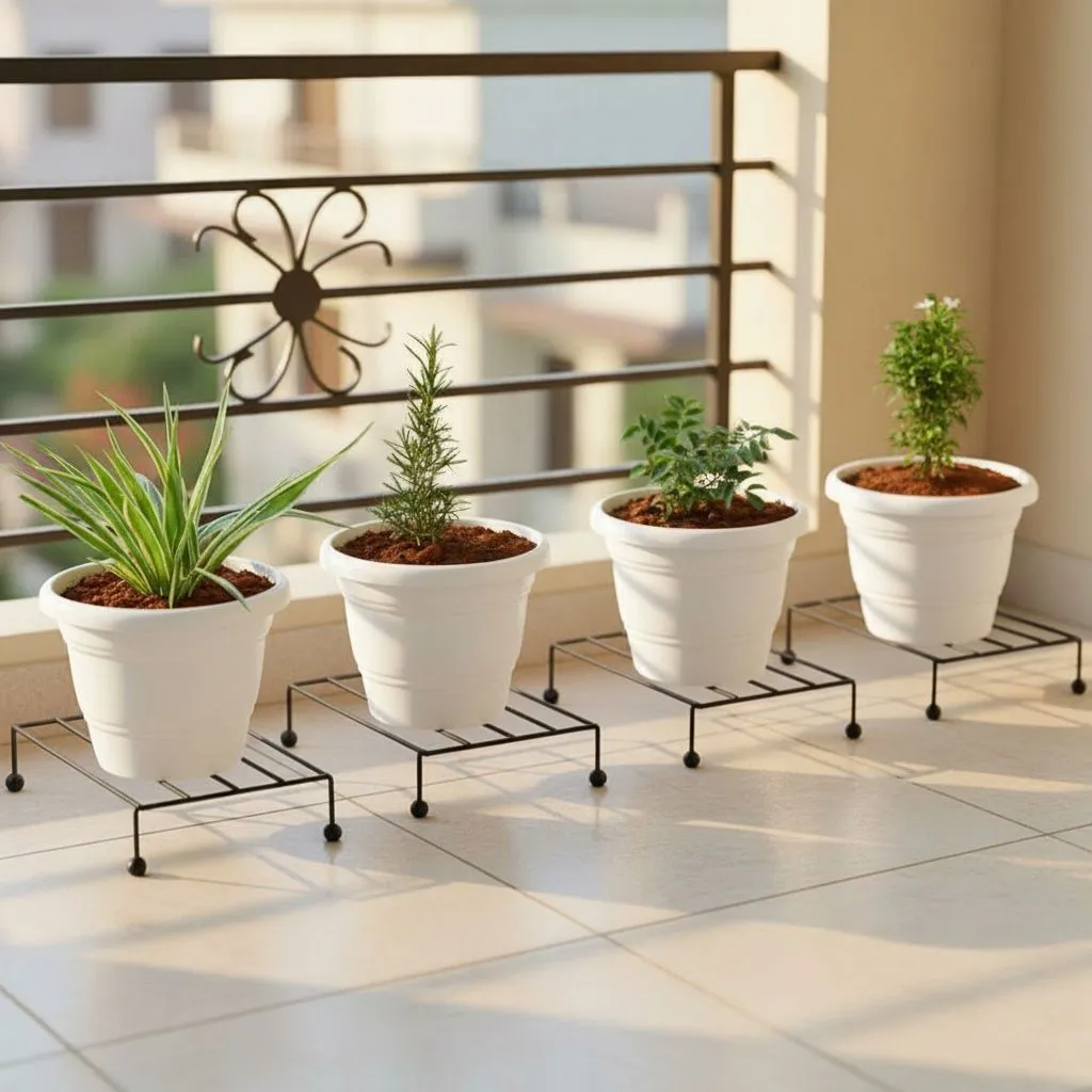 Set of 4 - Chandni, Curry Patta, Rose Mary & Spider in 7 Inch Classy White Plastic Pot