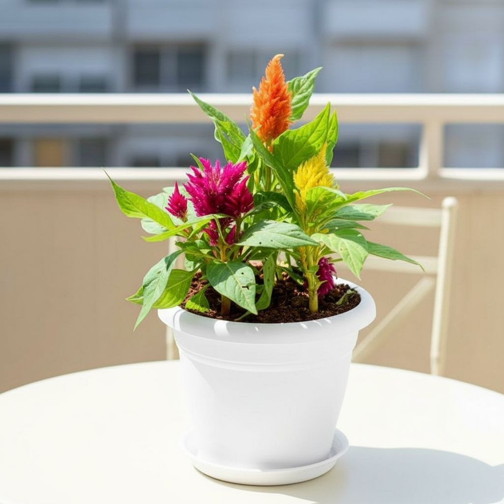 Celosia / Cockscomb Multi colour in 7 Inch Classy White Plastic Pot with Tray