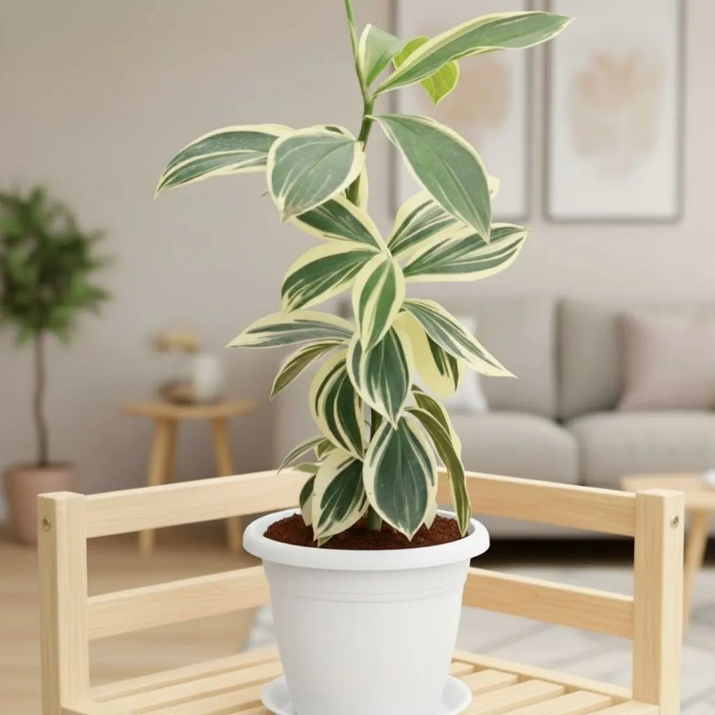 Costus Arabicus Variegated in 5 Inch Classy White Plastic Pot with Tray