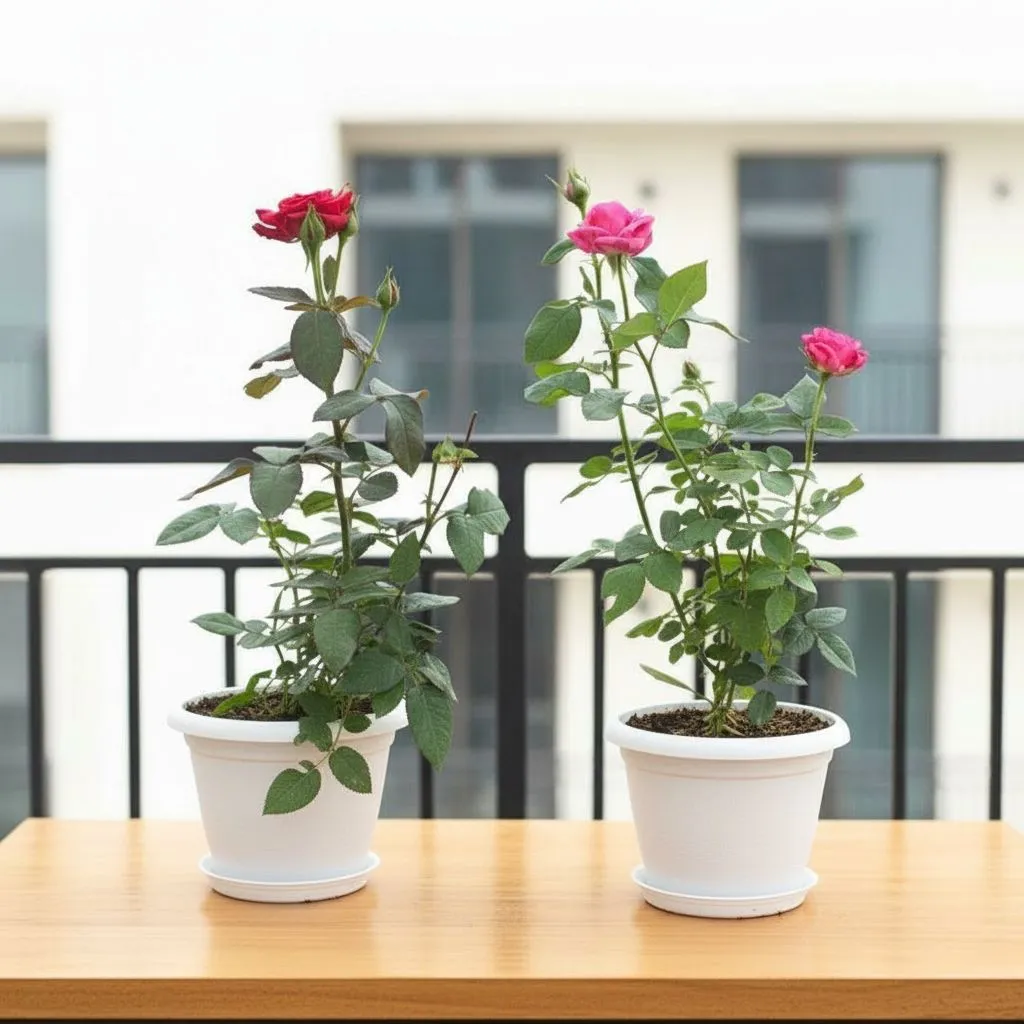 Set Of 2 - Rose (Red & Pink) in 7 Inch White Classy Plastic Pot With Tray