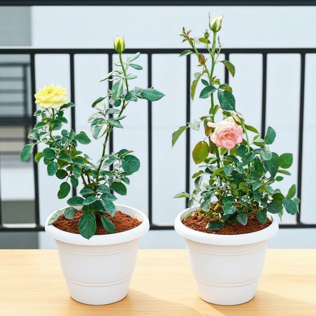 Set Of 2 - Rose / Gulab (Pink &Yellow) in 7 Inch Classy White Plastic Pot