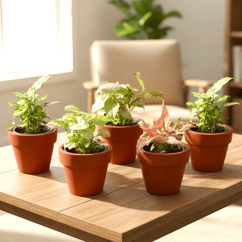 Fantastic Five Syngoniums- Set of 5 Assorted Syngoniums in 4 inch Dhaara Maati Pots
