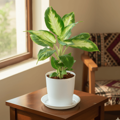 Gift Ready - Dieffenbachia Dumbcane in 5 Inch White Premium Sphere Plastic Pot with Tray With a Chic Bag