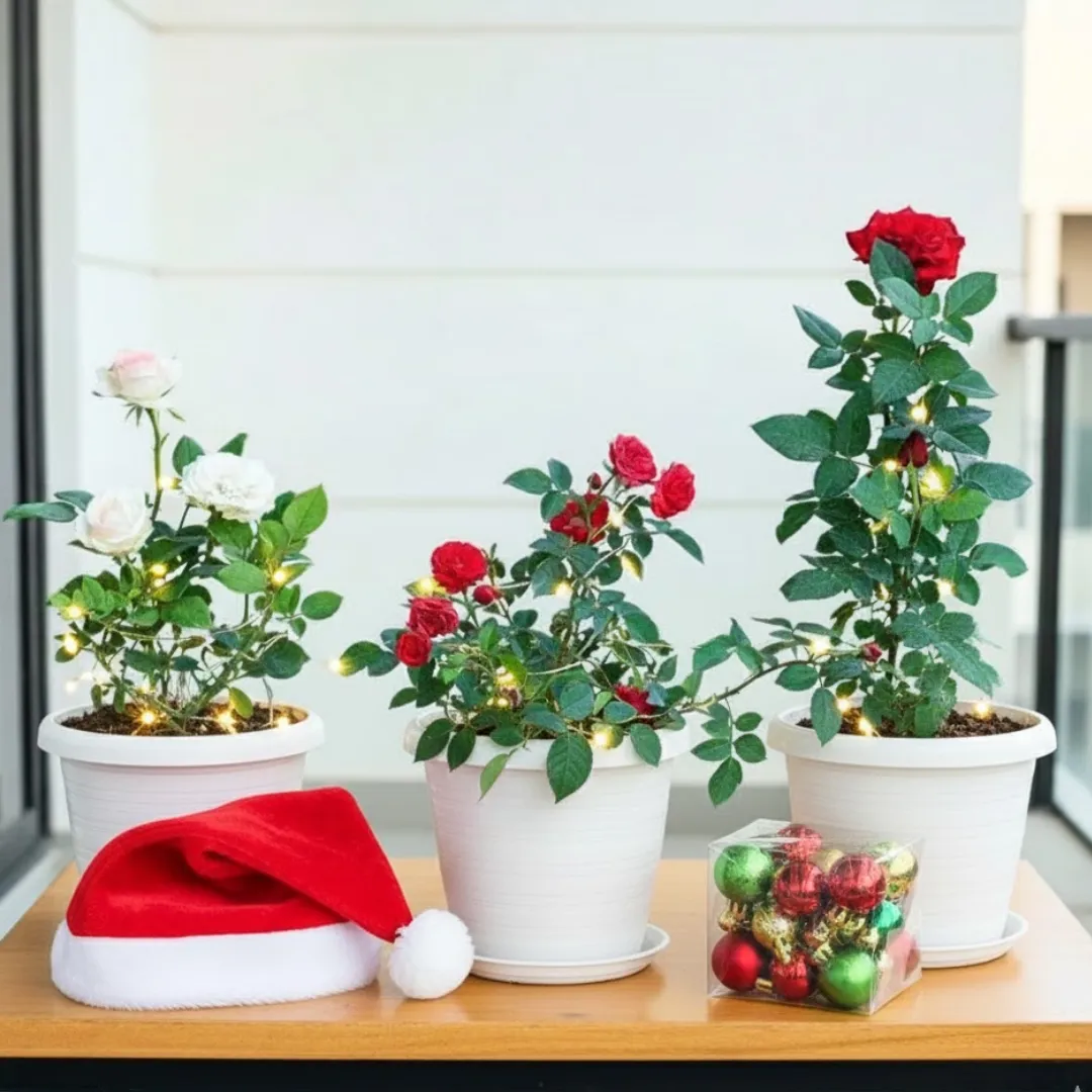 3 Roses (Red, White & Light Red) in 7 Inch Classy White Plastic Pot with Tray