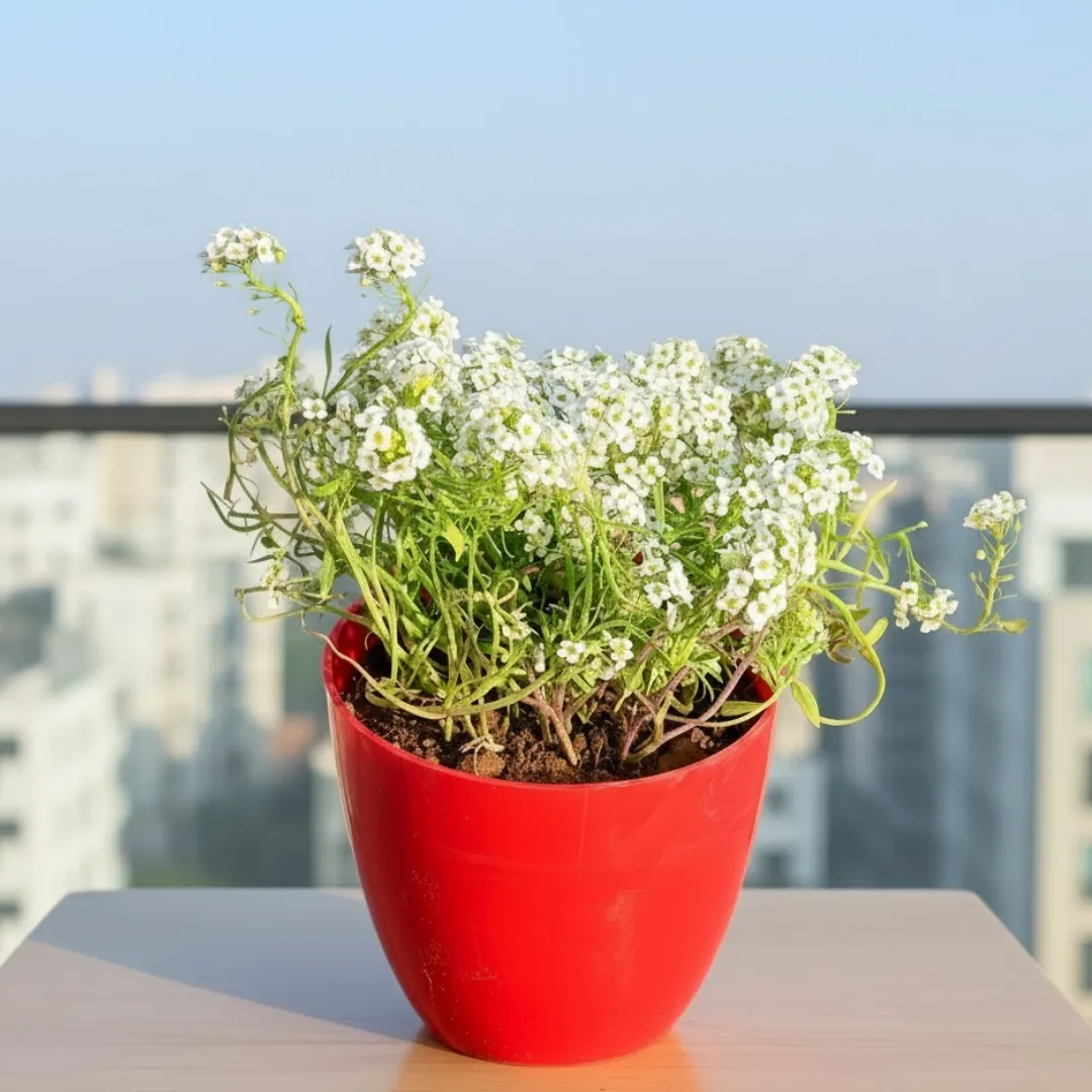 Alyssum White in 4 Inch Red Premium Orchid Round Plastic Pot