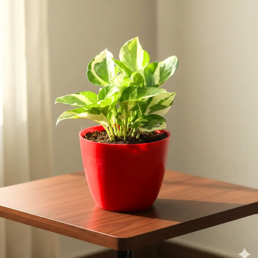 Money Plant N'joy in 4 Inch Red Premium Orchid Round Plastic Pot