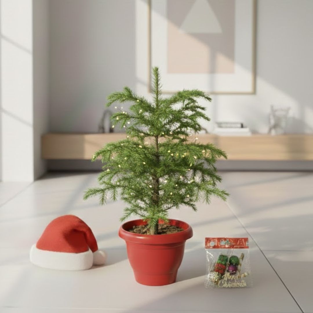 Araucaria / Christmas Tree (~ 1-2 Ft) in 8 Inch Classy Red Plastic Pot - with Fairy Lights, Xmas Decorations & Santa Cap