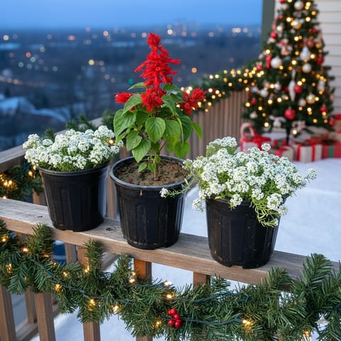 The Christmas Cheer Collection - Set of 3 - Alyssum White & Salvia Red in 6 Inch Black Super Nursery Pot - With Christmas Goodies (Fairy Light, Santa's Cap & Christmas Decor)