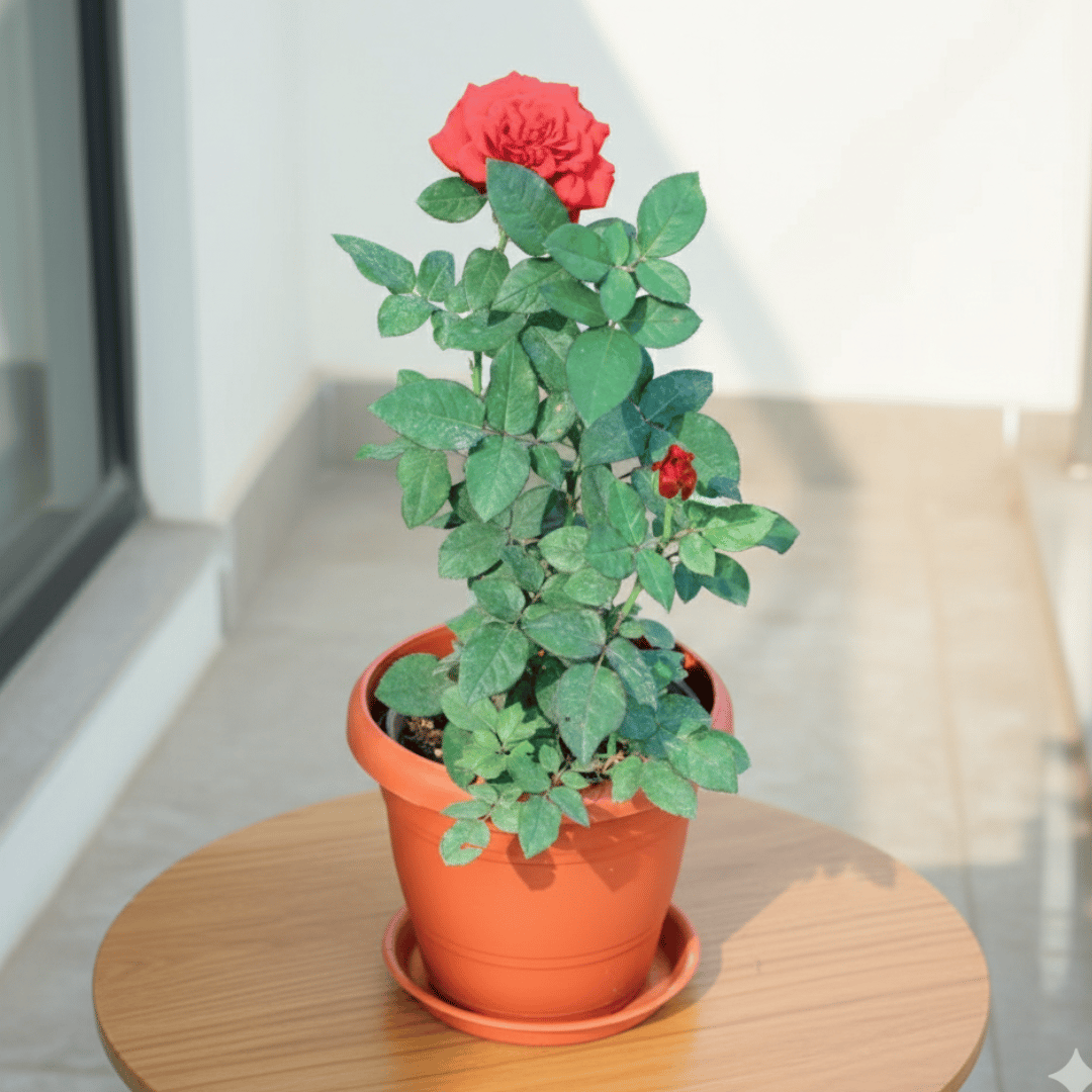 Rose Desi Red in 10 Inch Classy Red Plastic Pot with Tray