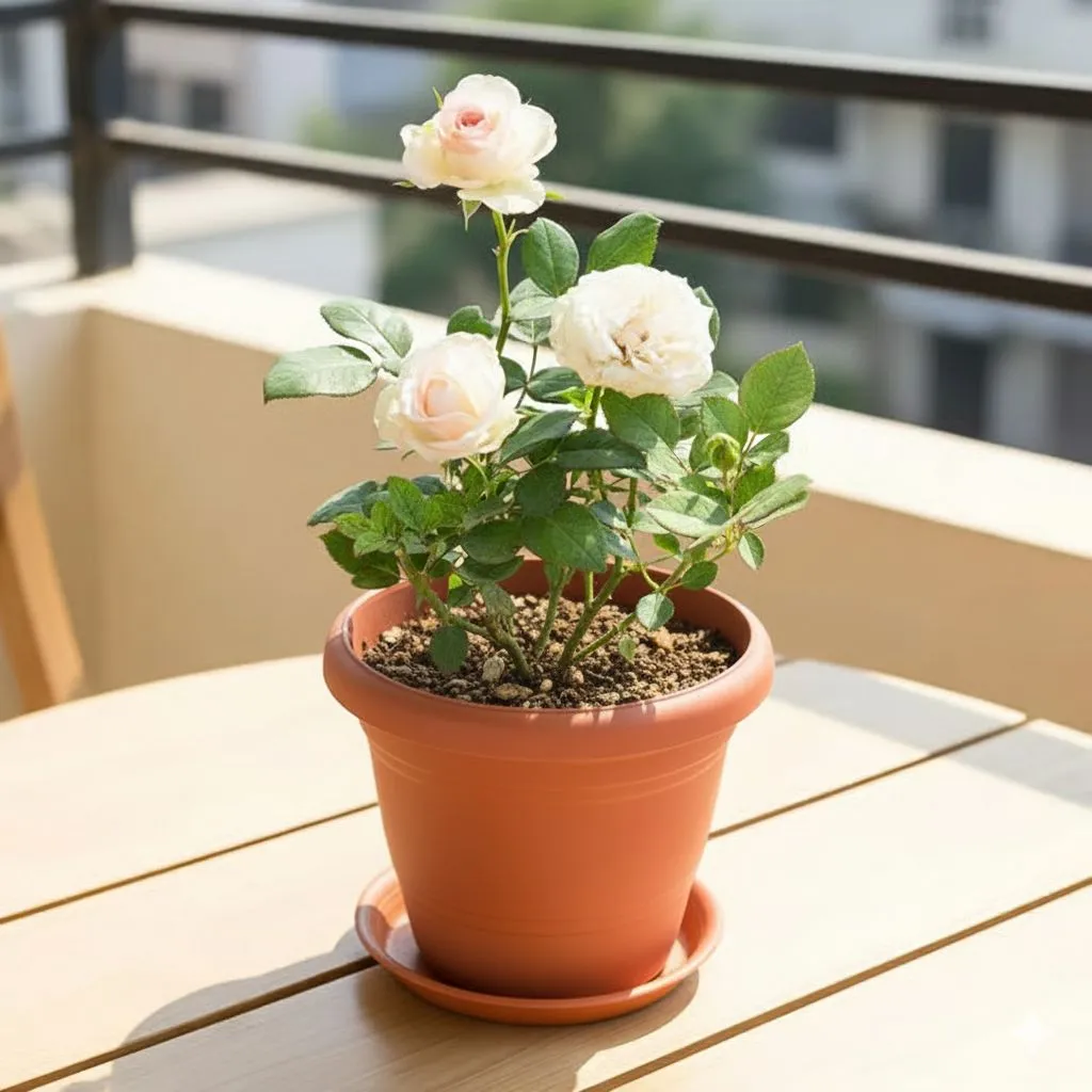 Rose White in 7 Inch Classy Red Plastic Pot with Tray