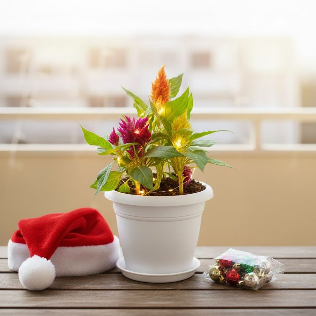 Celosia / Cockscomb Multi colour in 7 Inch Classy White Plastic Pot with Tray