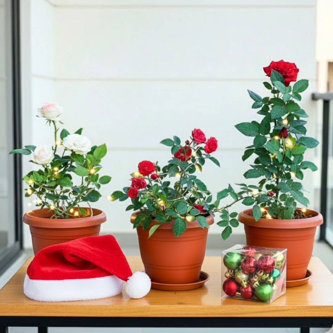 3 Roses (Red, White & Light Red) in 7 Inch Classy Red Plastic Pot with Tray