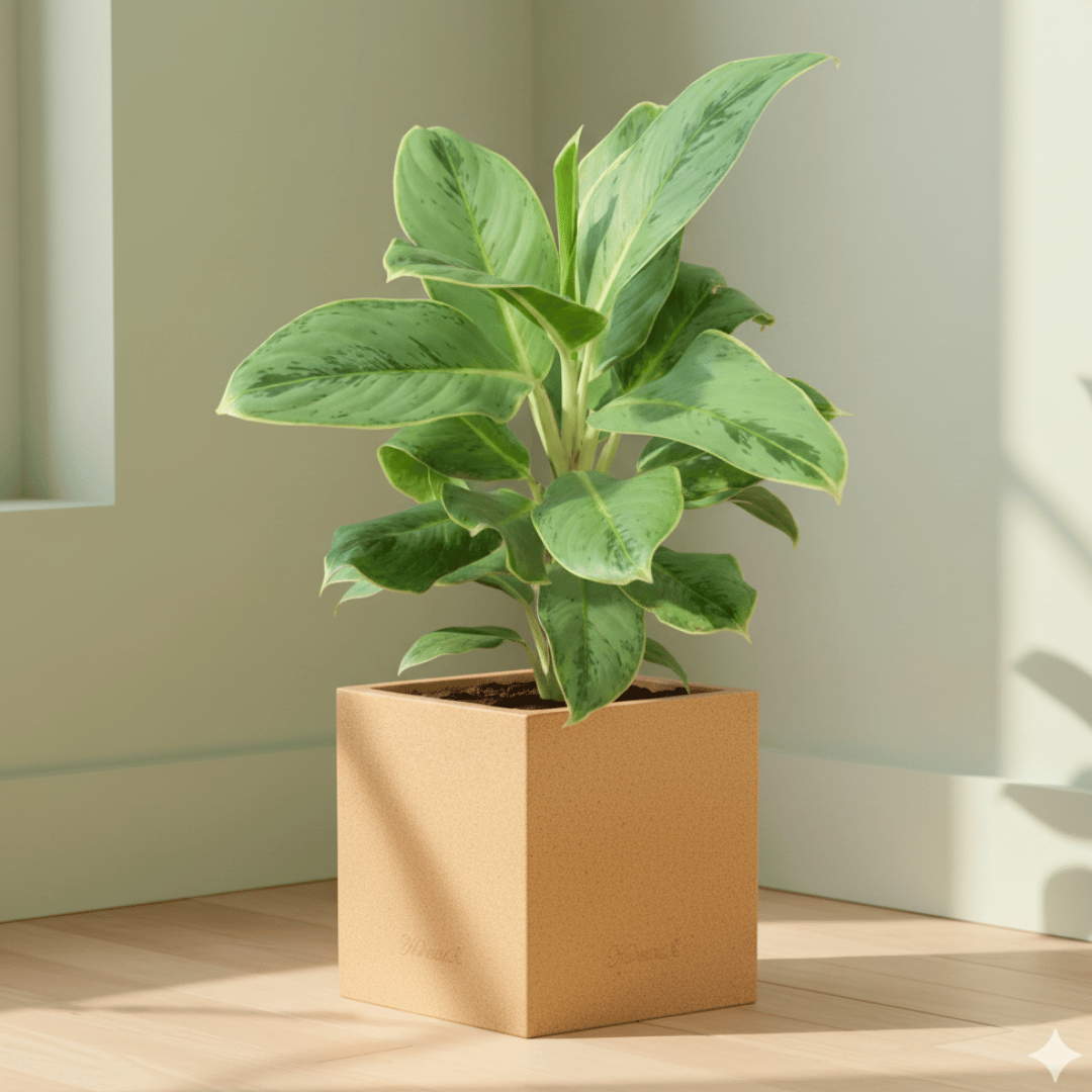 Aglaonema Green Big Leaf in 8 X 8 Inch Sandstone Premium Kyvos Fiberglass Planter