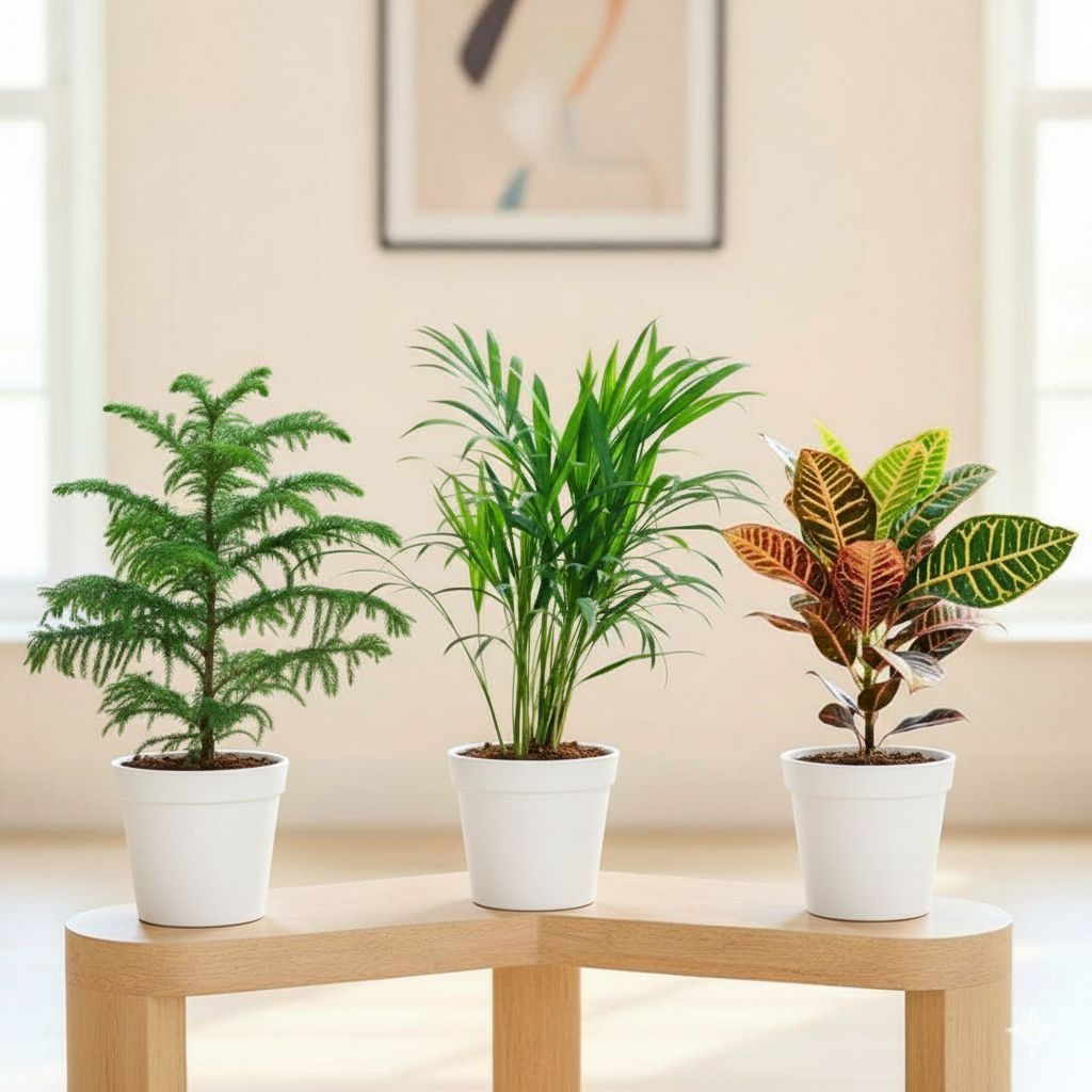 Set of 3 - Areca Palm, Araucaria / Christmas Tree & Croton Petra  in 8 Inch White Classy Plastic Pot