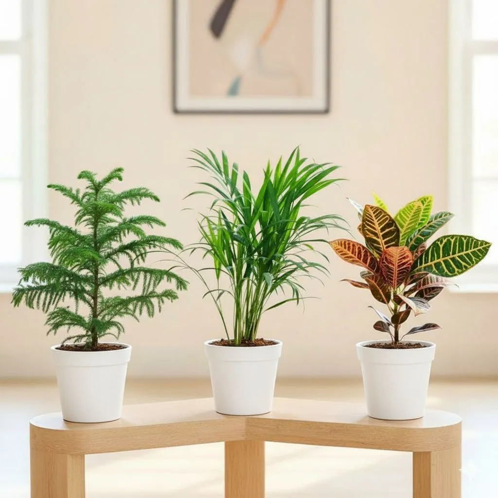 Set of 3 - Areca Palm, Araucaria / Christmas Tree & Croton Petra in 8 Inch White Classy Plastic Pot