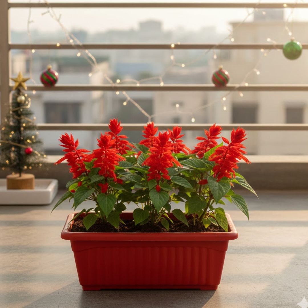 Salvia Red in 14 Inch Red Premium Jupiter Rectangular Window Planter