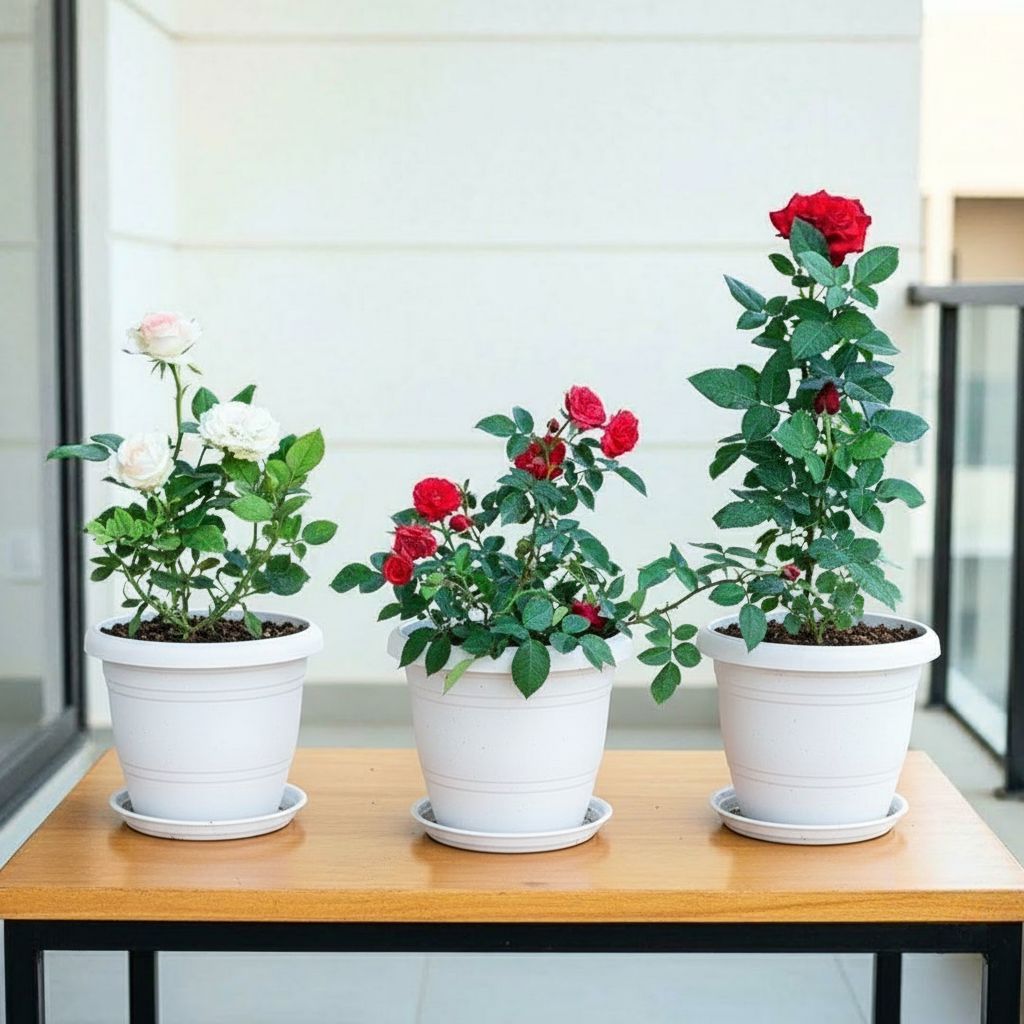 Set of 3 - Rose (Red, White & Light Red) in 7 Inch Classy White Plastic Pot with Tray