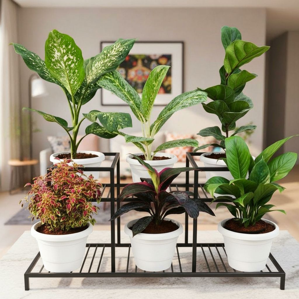 Set of 6 - Aglaonema Snow White, Tiger, Fiddle Leaf Fig / Ficus Lyrata, Coleus Red, Dracaena Rosea & Peace Lily in 7 Inch Classy White Plastic Pot