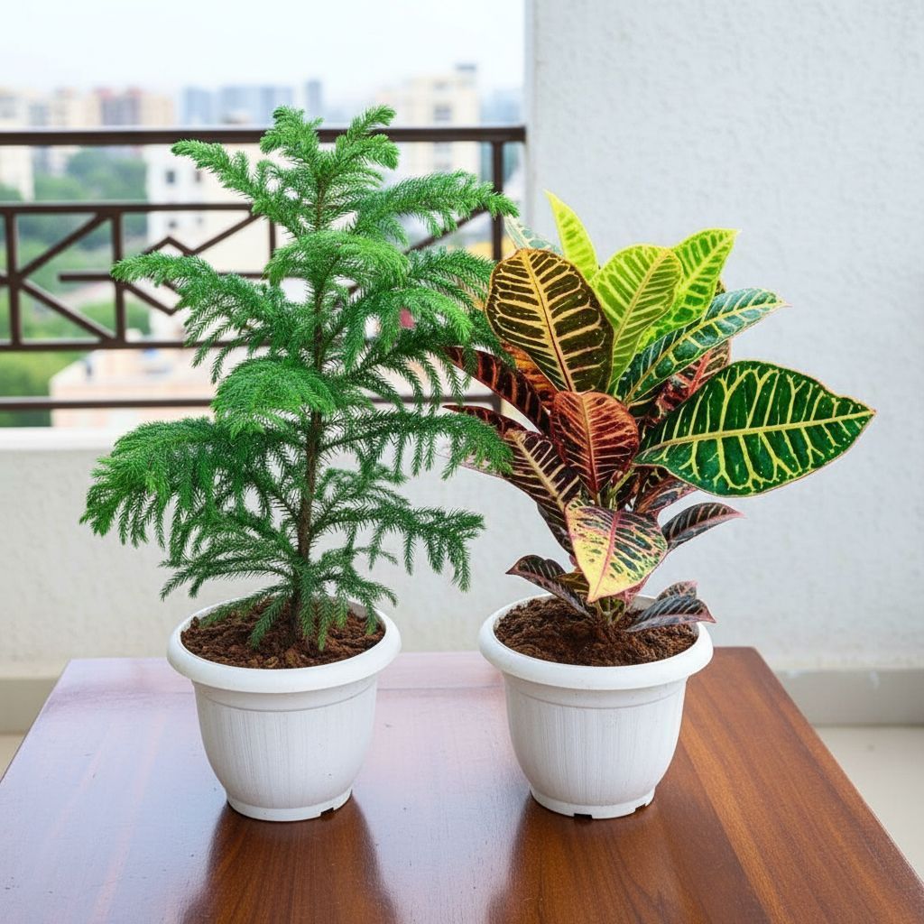 Set of 2 - Araucaria / Christmas Tree & Croton Petra in 7 Inch Classy White Plastic Pot