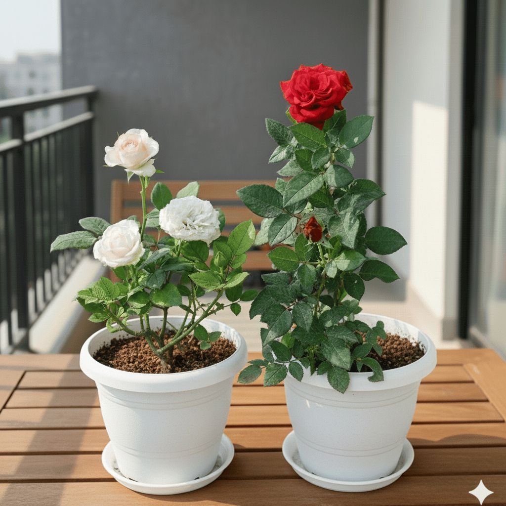 Set of 2 - Rose (Red & White) in 8 Inch Classy White Plastic Pot with Tray