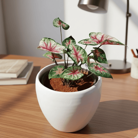 Caladium / Heart of Jesus Red in 6 Inch Classy White Apple Ceramic Pot