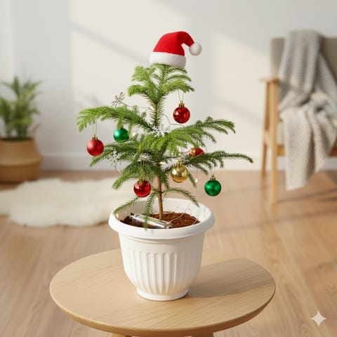 Xmas Goodies Special - Araucaria / Christmas Tree (~ 1 Ft) in 8 Inch White Olive Plastic Pot - with Free Fairy Lights, Xmas Decorations & Santa Cap