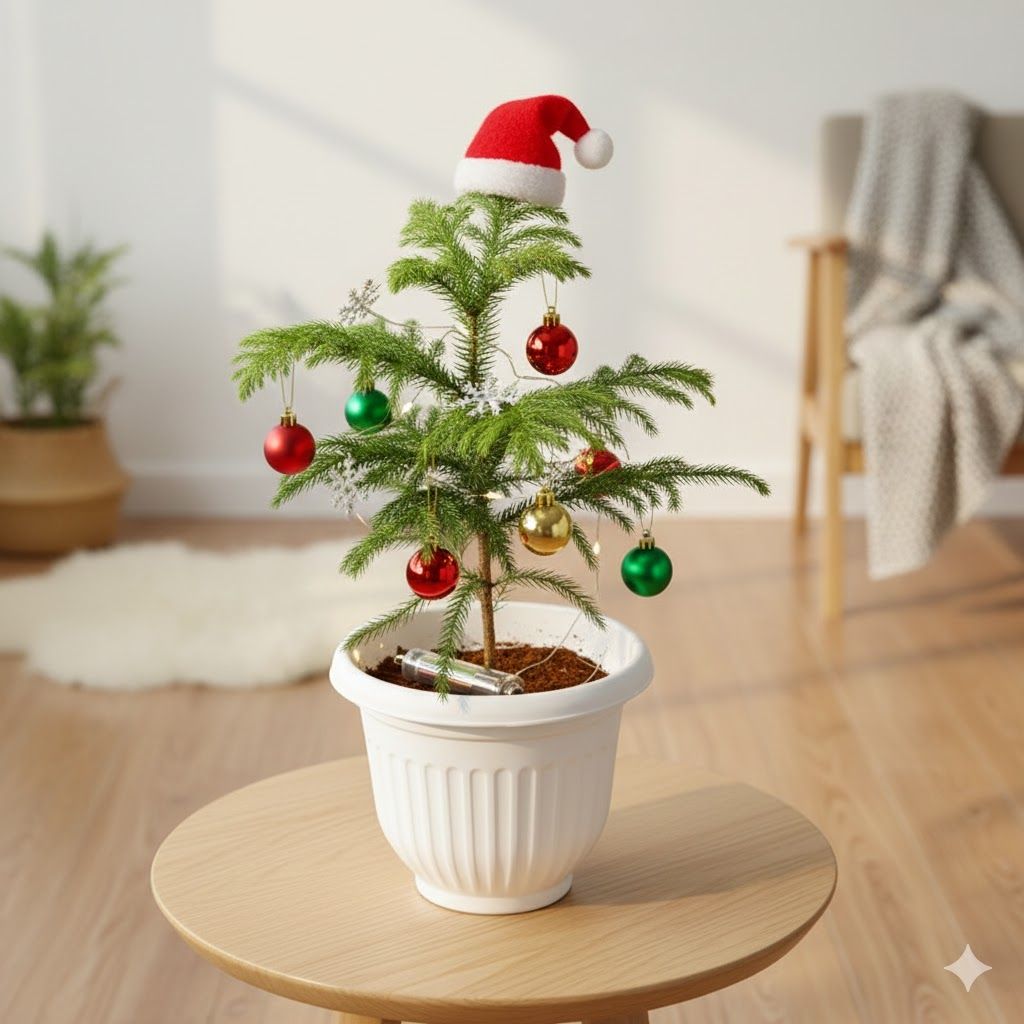 Xmas Goodies Special - Araucaria / Christmas Tree (~ 1 Ft) in 8 Inch White Olive Plastic Pot - with Free Fairy Lights, Xmas Decorations & Santa Cap