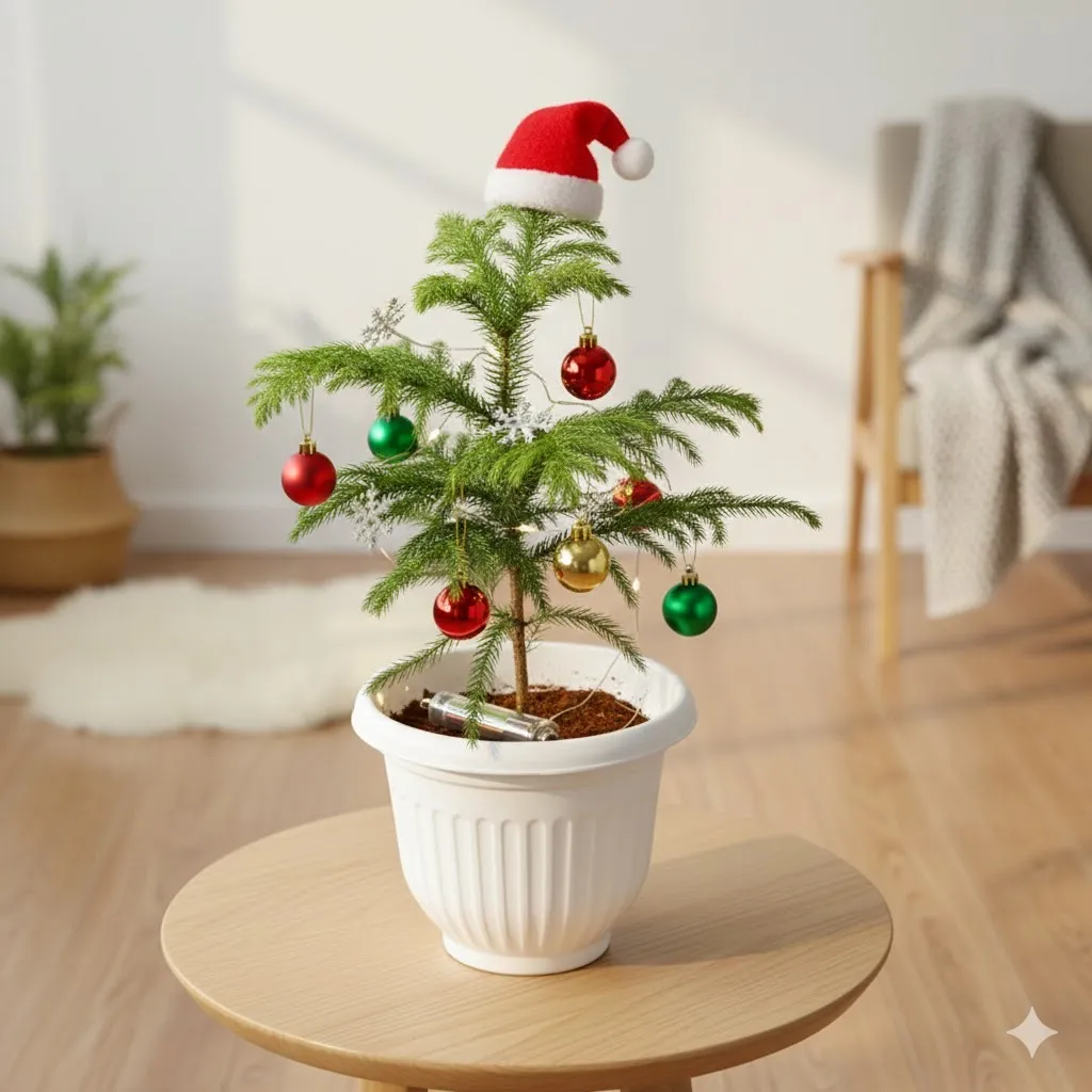 Araucaria / Christmas Tree (~ 1 Ft) in 8 Inch White Olive Plastic Pot