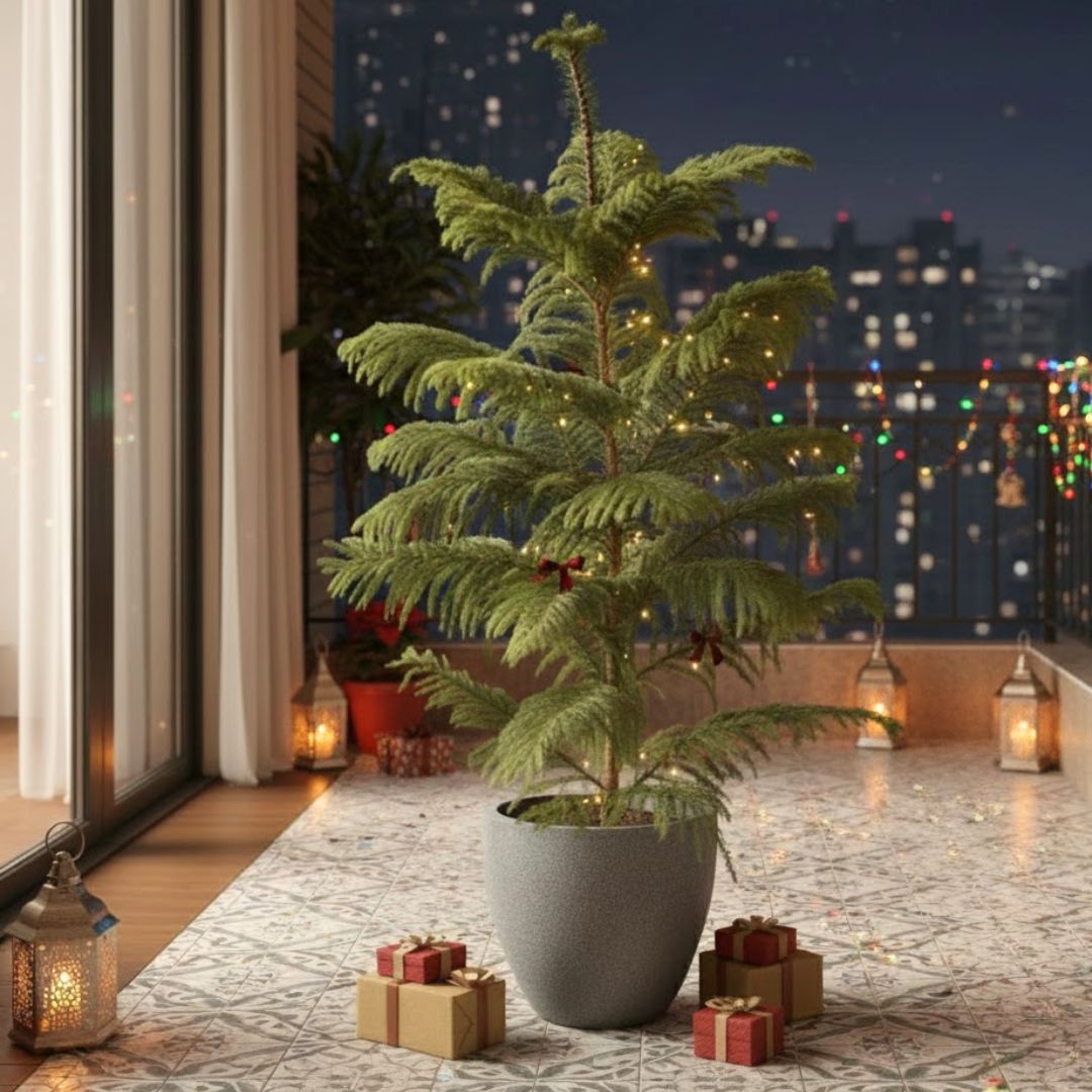 Araucaria / Christmas Tree (~ 4 Ft) in 10 Inch Grey Premium Convessa Fiberglass Planter