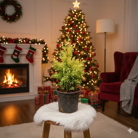 Xmas Special - Golden Cypress in 5 Inch Nursery Pot - with Xmas Goodies (Lights, Decor & Santa Cap)