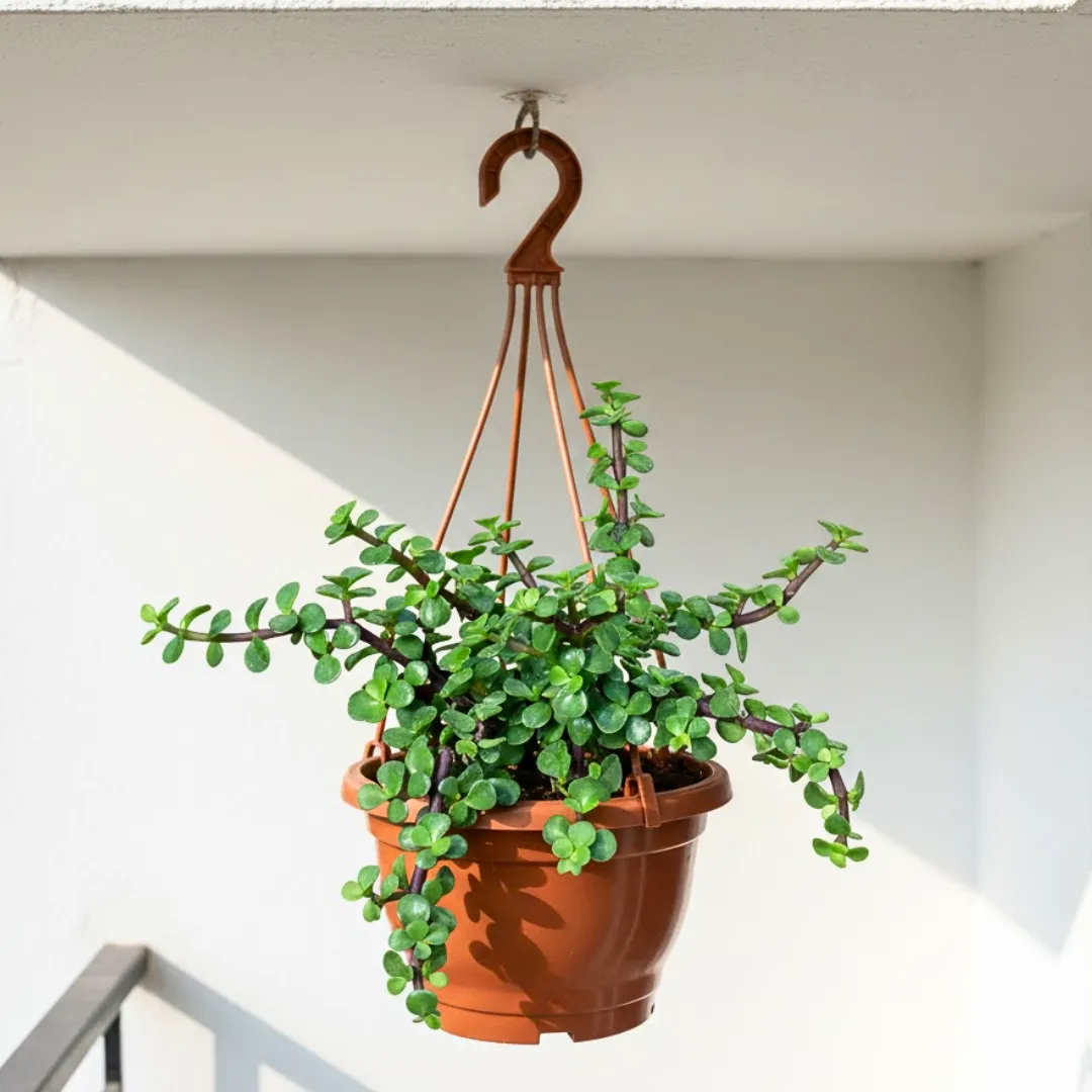 Lucky Jade in 7 Inch Terracotta Red Premium Evara Hanging Plastic Pot