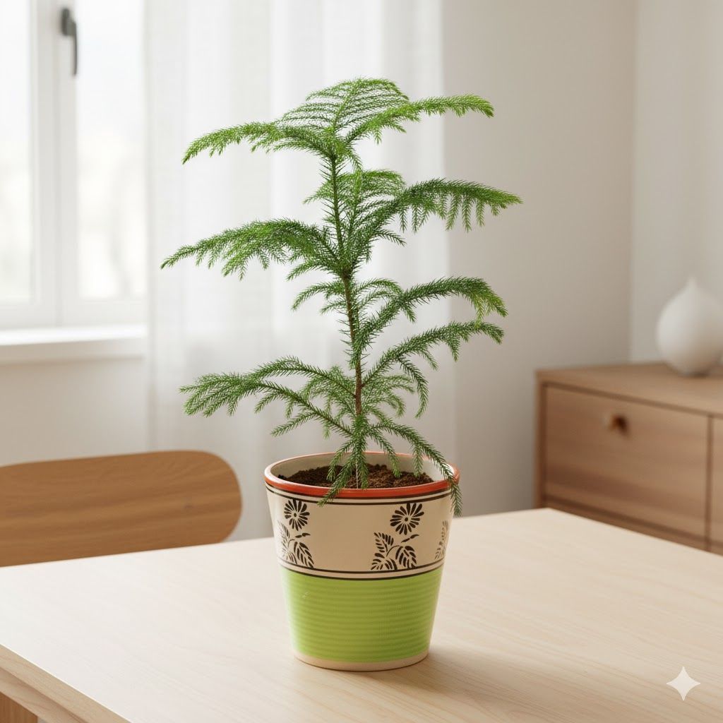 Araucaria / Christmas Tree in 5 Inch Green Black Flower Designer Balti Shaped Ceramic Pot