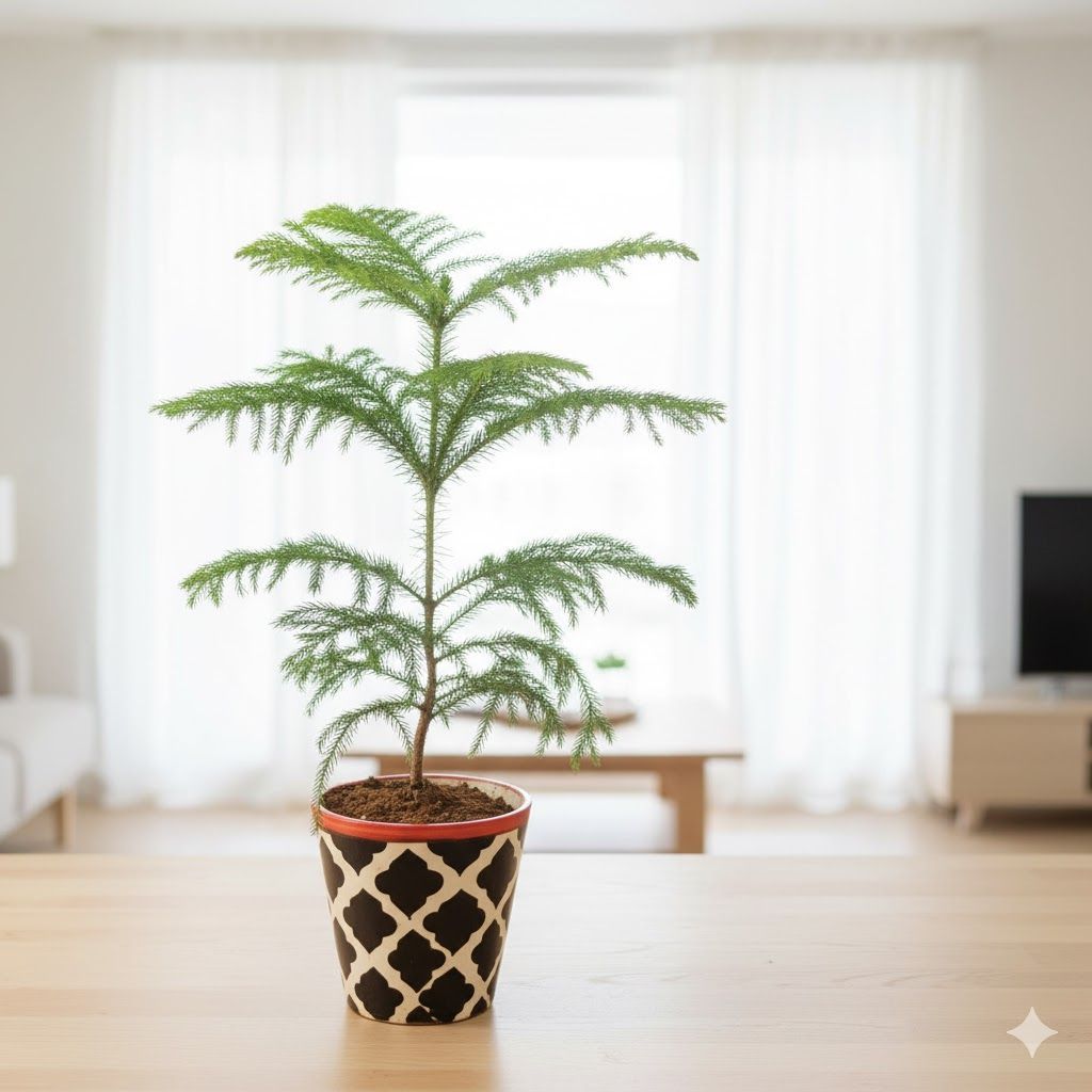 Araucaria / Christmas Tree in 5 Inch Black Moroccan Designer Balti Shaped Ceramic Pot