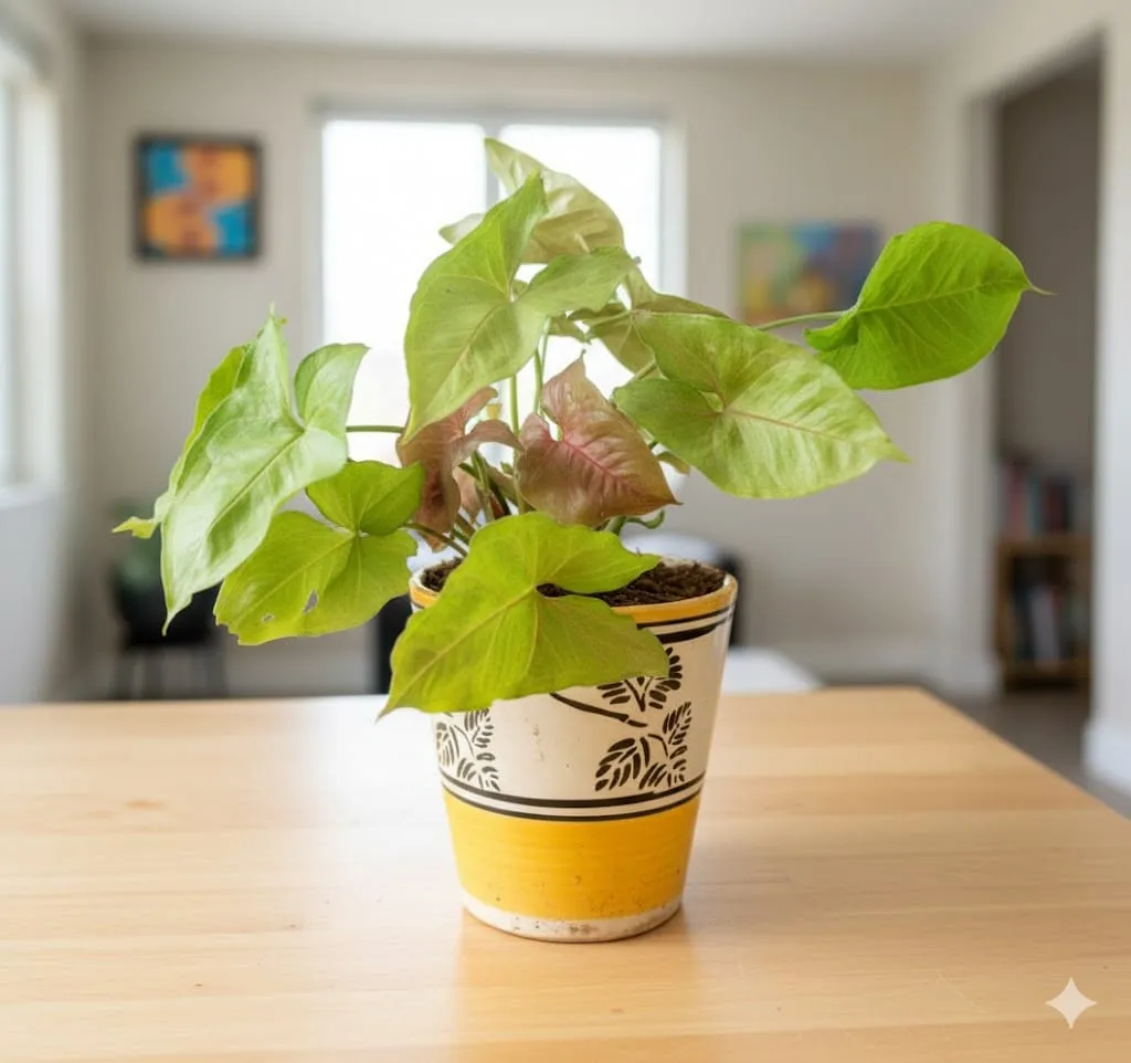 Syngonium Pink in 5 Inch Yellow Black Flower Designer Balti Shaped Ceramic Pot