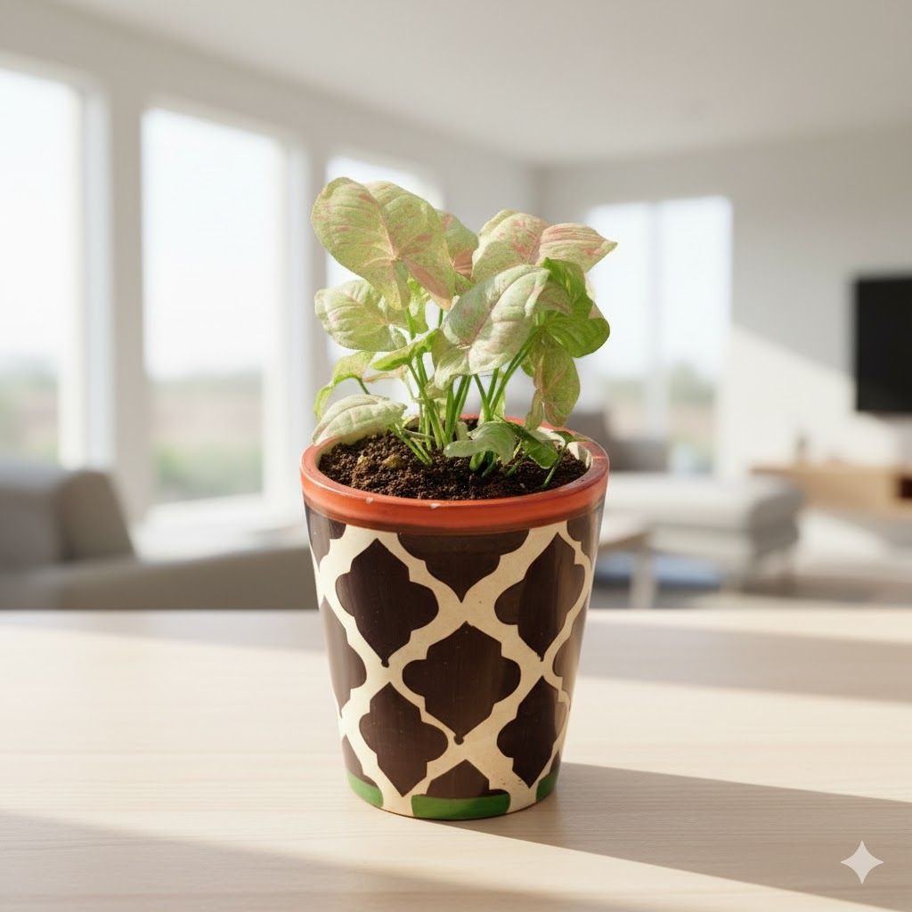 Syngonium Candyfloss in 5 Inch Black Moroccan Designer Balti Shaped Ceramic Pot