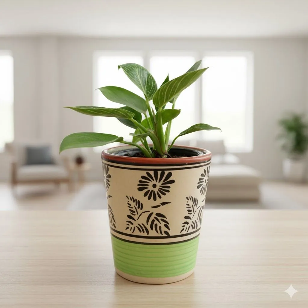 Philodendron Birkin in 5 Inch Green Black Flower Designer Balti Shaped Ceramic Pot