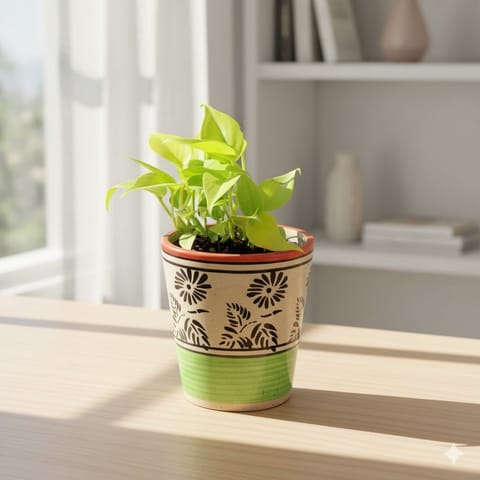 Oxycardium Golden in 5 Inch Green Black Flower Designer Balti Shaped Ceramic Pot