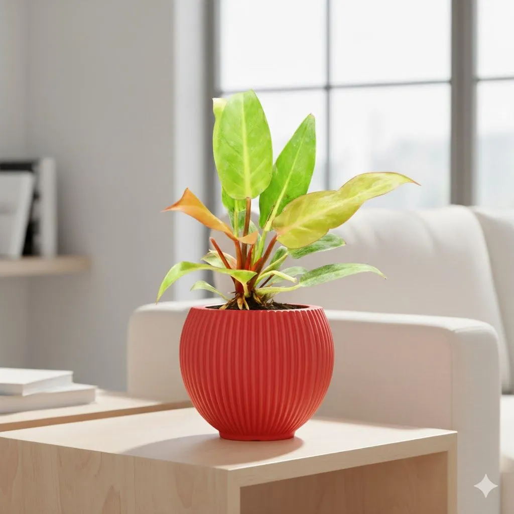 Philodendron Red in 5 Inch Rose Red Matt Sylvan Plastic Pot